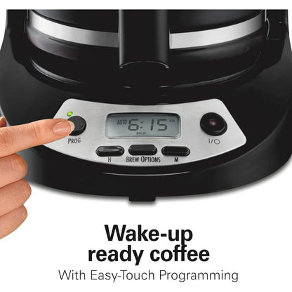 12-Cup Programmable Drip Coffee Maker with Brew Options & Glass Carafe – Black with Stainless Accents