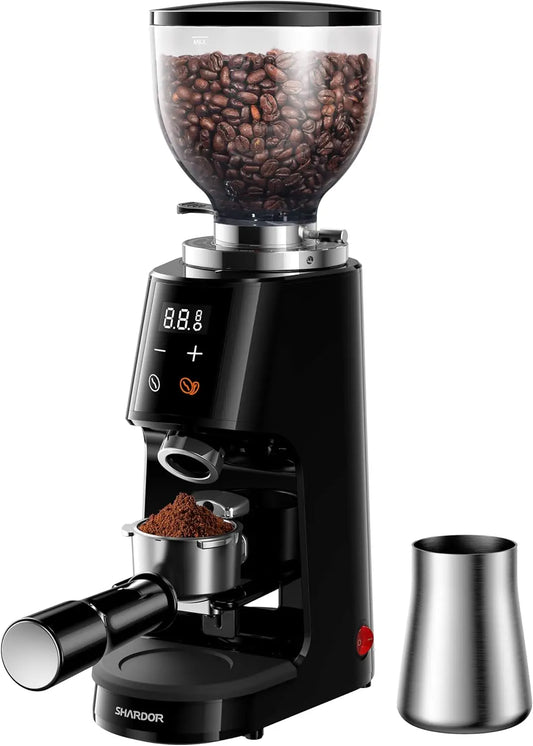 Professional 64mm Burr Coffee Grinder with 100 Settings, All-Metal Chamber, Adjustable Timer & LED Display, Anti-Static in Black