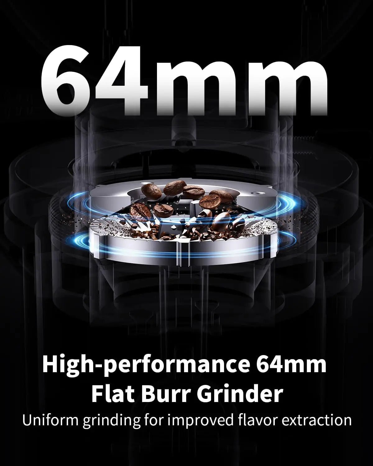 Professional 64mm Burr Coffee Grinder with 100 Settings, All-Metal Chamber, Adjustable Timer & LED Display, Anti-Static in Black