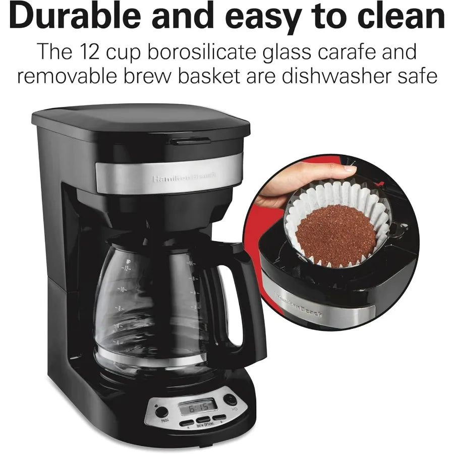 12-Cup Programmable Drip Coffee Maker with Brew Options & Glass Carafe – Black with Stainless Accents
