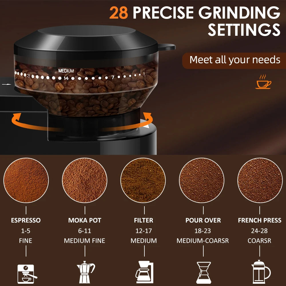 Electric Burr Coffee Grinder, 28 Adjustable Grind Settings, Automatic Coffee Bean Grinder for Espresso, Drip & French Press