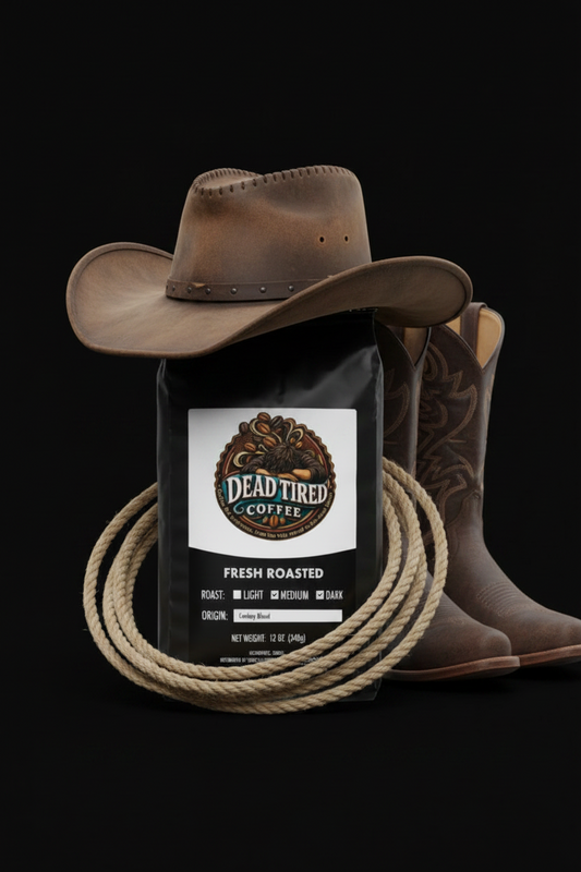 A 12 oz bag of Dead Tired Coffee Freshly Roasted to a medium roast in Whole Bean.  Also available in coarse, espresso, and standard/ground grinds and in 12oz or larger bags and k-pods! Cowboy Blend